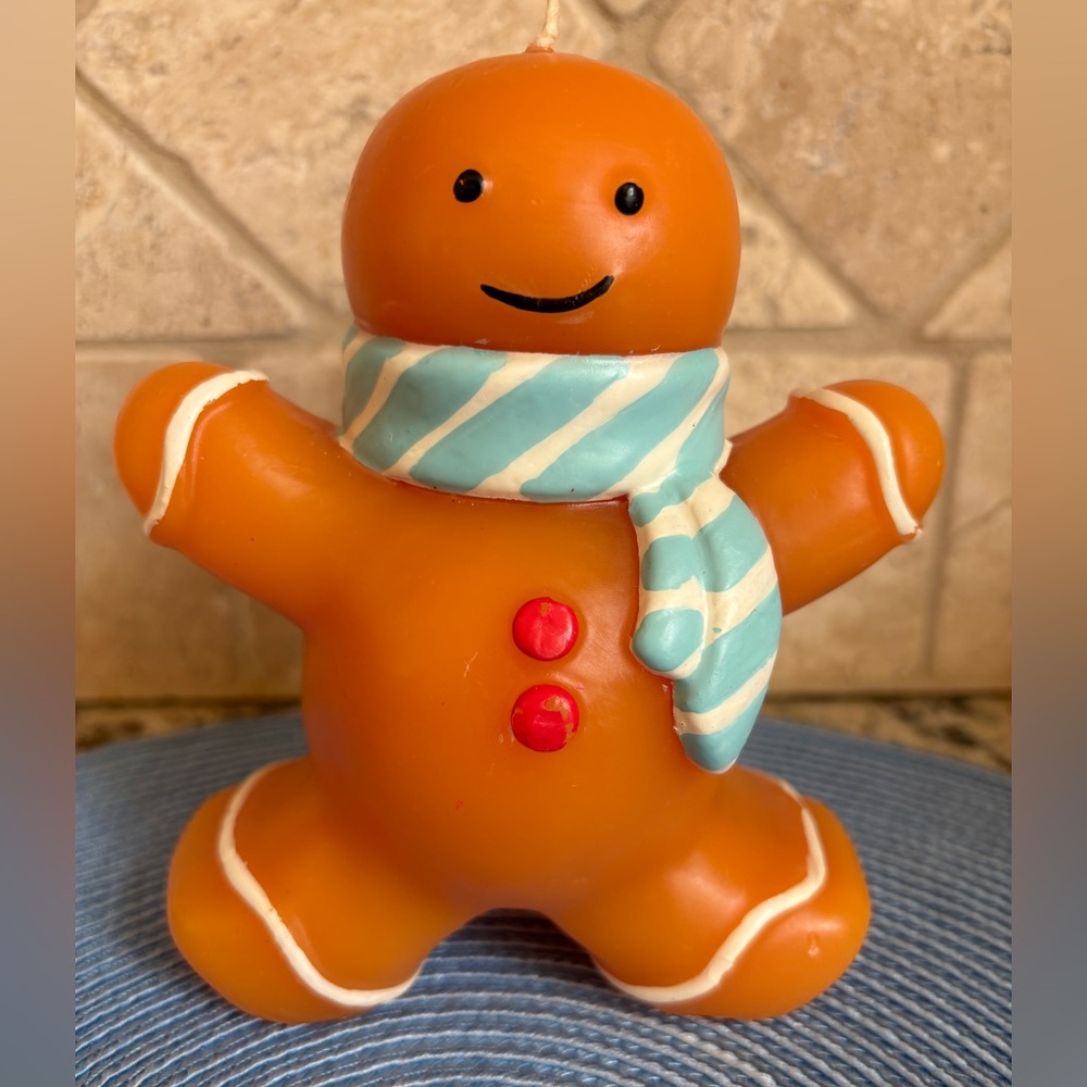 Festive, adorable Gingerbread Man Pillar Candle  with Striped Scarf